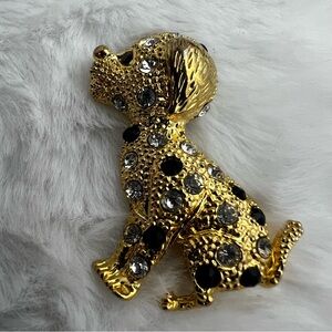 Vintage Clear and Black Rhinestone Gold Toned Dalmatian Pup Brooch